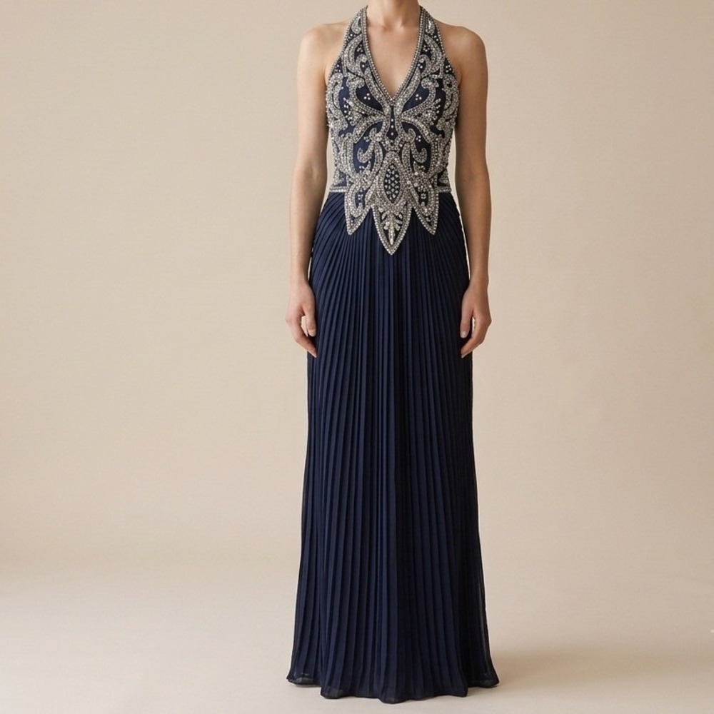 vtg y2k women Silk maxi dress 4 Beaded butterflies fairy halter prom sequin